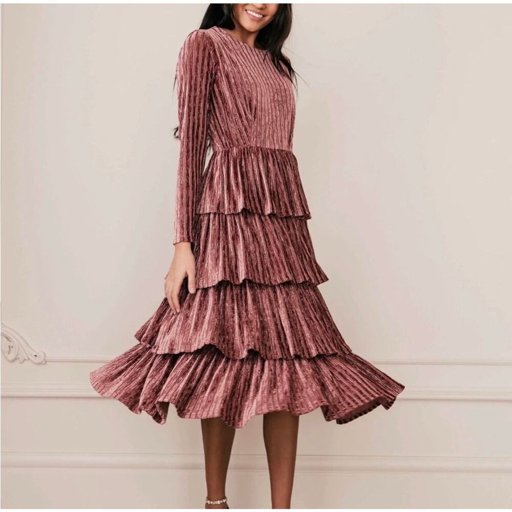 NWT JessaKae Velvet Eiffel Tiered Long Sleeve Pink Mauve Dress Size Medium